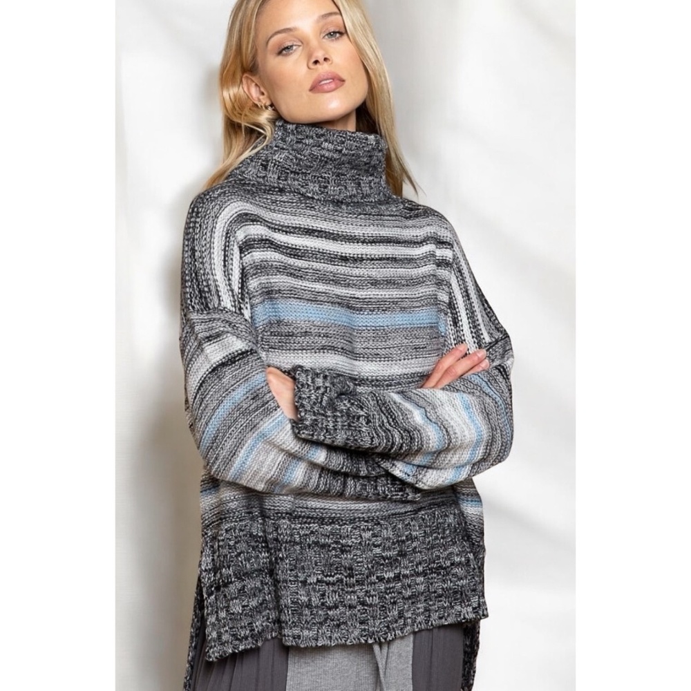 POL Heather Black Gray Blue Striped Relaxed Fit Turtleneck Sweater - Picture 3 of 8